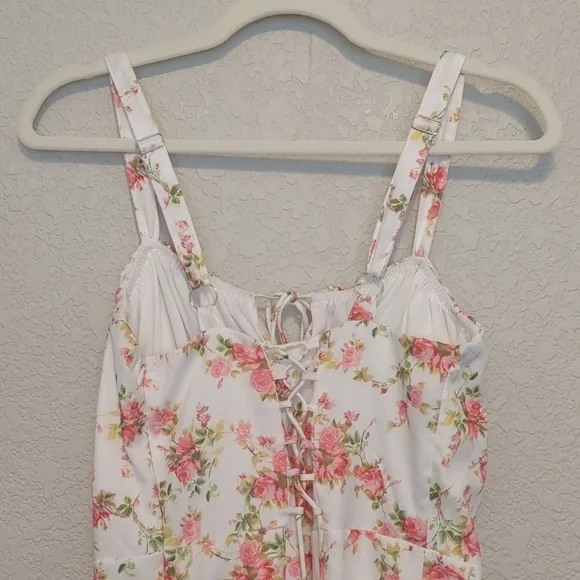 Parthea white pink floral sleeveless basque waist lace up thigh slit maxi dress - Picture 14 of 14